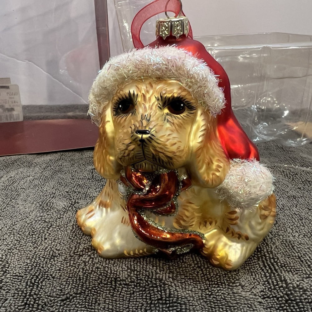 Golden retriever, puppy, dog glass, Christmas tree ornament, red Santa hat